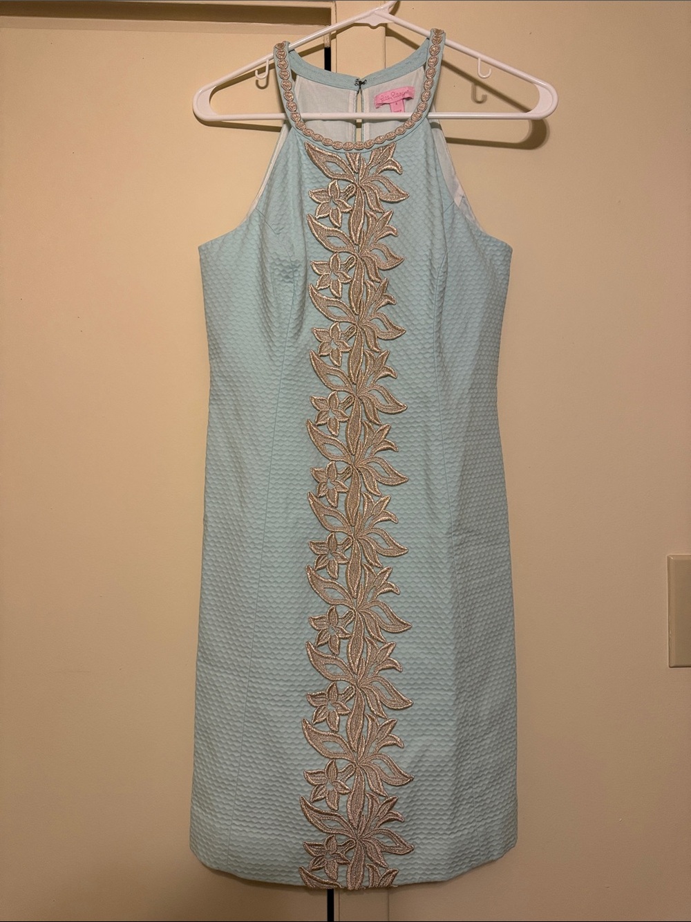 Lilly Pulitzer Teal Halter Dress with Gold Embroidered Center